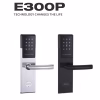 hotel smart lock in stainless and matte black finishes with lever handle and keypad
