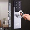 stainless hotel smart lock with keypad and RFID card access on a guestroom door
