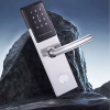 lever handle hotel smart lock with backlit keypad shown on a brushed stainless long plate
