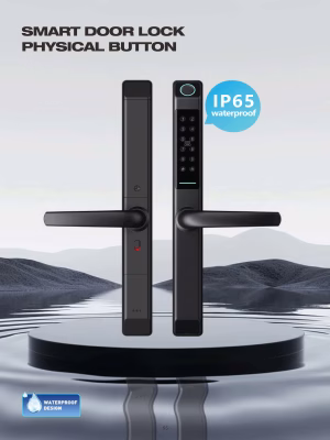IP65 long‑plate smart door lock with physical keypad and fingerprint reader in matte black