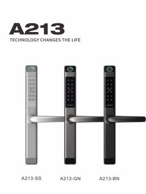 A213-04 physical‑keypad fingerprint smart door lock lineup in silver, gunmetal, and black