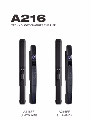 A216-02 Vorder- und Seitenansichten von zwei Smart-Lock-Konfigurationen mit schlankem, vertikalem Gehäuse