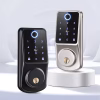 smart deadbolt with ring‑lit fingerprint reader, backlit keypad, and key cylinder