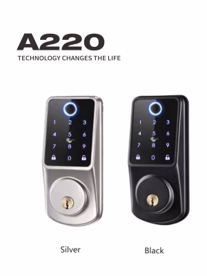A220-02 Cerradura con teclado táctil y lector de huellas dactilares en plata satinada y negro mate