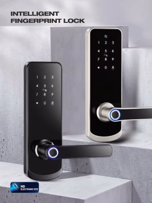 Fechadura inteligente com alavanca e leitor de impressões digitais, com teclado tátil em vidro, nas cores preto e prateado