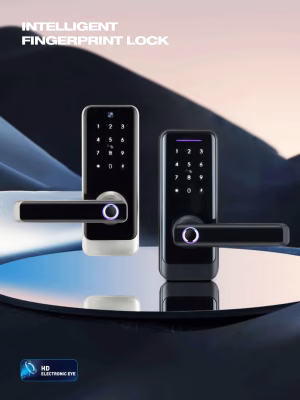 fingerprint lever smart lock with glass touchscreen keypad in black and silver