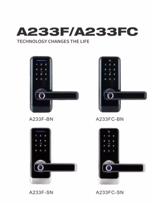 A233F-A233FC-02 smart fingerprint lever lock lineup with black and satin silver finishes