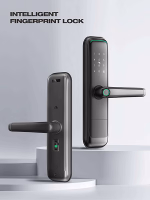 Cerradura inteligente con palanca y lector de huellas dactilares, teclado táctil y barra luminosa de estado; vista frontal y trasera