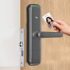 Bluetooth hotel smart card lock on a wooden door with tap‑to‑open card access