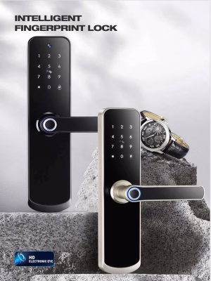 Cerradura inteligente con palanca y lector de huellas dactilares, con teclado táctil de cristal en negro y plata satinado