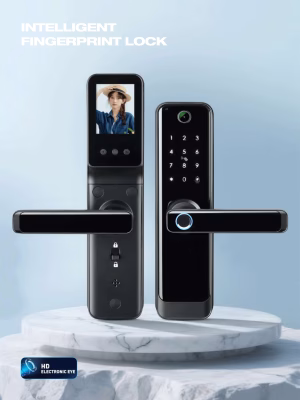 Video-Türklingel mit Fingerabdruck-Hebel und Smart Lock mit Glas-Touch-Tastatur, Vorder- und Rückansicht