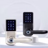 fingerprint lever smart lock with backlit touch keypad in black and satin nickel