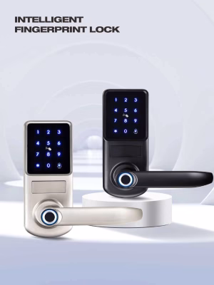 Cerradura inteligente con palanca y lector de huellas dactilares, con teclado táctil retroiluminado, en negro y níquel satinado