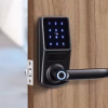 fingerprint handle keypad smart lock installed on a wooden entry door
