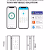 Tuya app interface for Wi‑Fi & BLE control with smart lock dimensional drawings