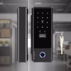 Smart lock installed on a wooden door, showing keypad and vertical glossy panel