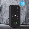 IP66 3D face recognition access controller with backlit keypad and green status ring on stone backdrop
