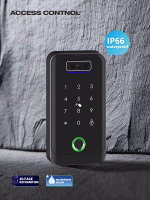 Controlador de acceso con reconocimiento facial 3D IP66, con teclado retroiluminado y anillo de estado verde sobre fondo de piedra