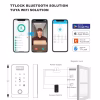 Tuya and TTLock app interfaces beside wiring diagram and dimensional drawings of the access controller