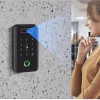 Wall‑mounted access controller projecting recognition beam toward approaching user