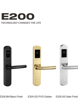 E200_02 Fechadura de cartão inteligente para hotel, em acabamentos preto, ouro PVD e aço inoxidável acetinado