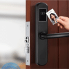 slim hotel smart card lock with tap‑to‑open RFID access on a wooden door