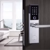 stainless fingerprint lever lock with touch keypad installed on a residential entry door