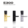E300 hotel smart lock lineup in PVD gold, black nickel, and satin stainless