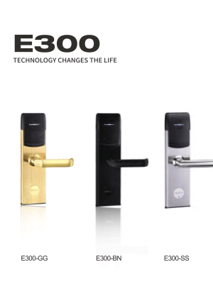 E300_03 Gama de cerraduras inteligentes para hoteles E300 en acabado PVD dorado, níquel negro y acero inoxidable satinado