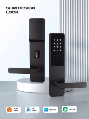 slim design hotel smart lock with keypad and long‑plate lever, platform icons displayed