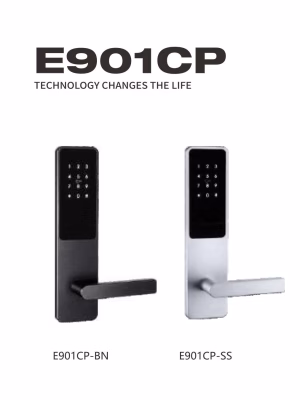 E901CP_04 Fechadura inteligente de hotel de design fino, com acabamentos em preto e aço inoxidável, com teclado numérico e manípulo