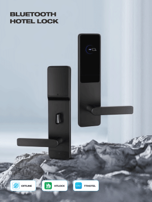 Cartel sobre la cerradura inteligente para tarjetas de hotel con Bluetooth que destaca la compatibilidad con el modo sin conexión, HTLock y TTHotel
