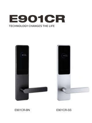 E901CR_02 Cerradura de tarjeta inteligente para hoteles con Bluetooth, en acabados negro y acero inoxidable, con panel de lectura de cristal