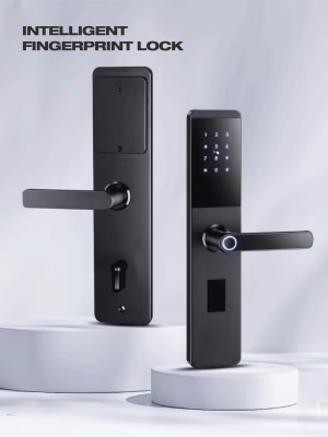 Cerradura inteligente con palanca delgada y lector de huellas dactilares, con teclado táctil retroiluminado; vistas frontal y trasera