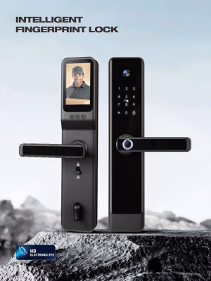 Campainha com vídeo, fechadura inteligente com alavanca de impressão digital e teclado tátil em vidro; vistas frontal e traseira