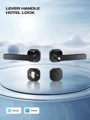 lever‑handle hotel smart card lock poster highlighting offline mode and TTHotel support