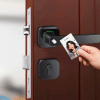 lever‑handle hotel smart card lock with square rosette and tap‑to‑open access