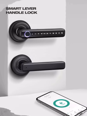 Fechadura inteligente com manípulo de alavanca e leitura de impressões digitais, com teclado tátil retroiluminado integrado no manípulo e roseta redonda