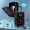 Waterproof smart key box with illuminated keypad and IP54 rating on water‑droplet surface