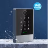 IP67 QR access controller with glossy keypad faceplate splashed by water droplets