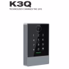 Angled product view of QR access controller showing numeric keypad and scan window