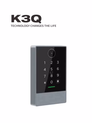 K3Q-02 Vista en ángulo del controlador de acceso QR, en la que se aprecian el teclado numérico y la ventana de escaneo