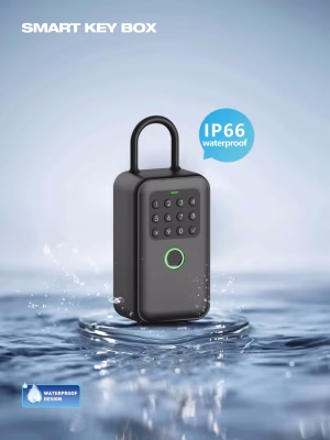 IP66 smart key box with raised keypad and illuminated status ring above rippling water