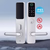 IP65 ANSI fingerprint smart lock with keypad, UL fire icon, and lever handle