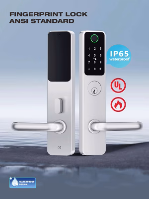 Cerradura inteligente de huella dactilar IP65 ANSI con teclado, icono de incendio UL y manilla de palanca