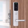 ANSI lever fingerprint smart door lock with backlit keypad and key cylinder on wooden door