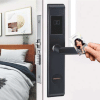 RFID hotel smart card lock on a wooden door with tap‑to‑open access