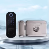 Smart rim lock set with stainless‑steel housing and illuminated keypad controller on water‑inspired backdrop