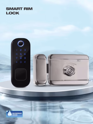 Smart rim lock set with stainless‑steel housing and illuminated keypad controller on water‑inspired backdrop