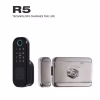 Front view of smart rim lock controller and stainless‑steel latch assembly